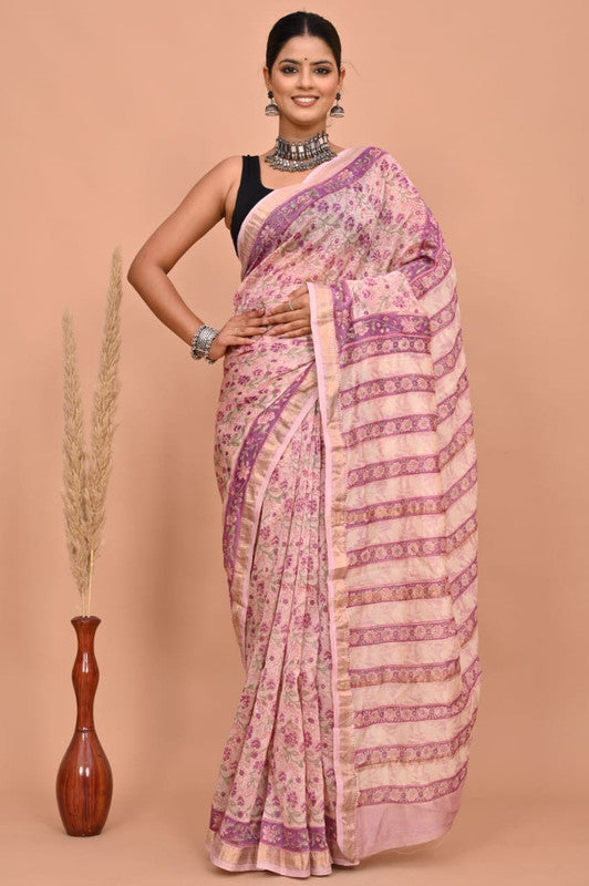 Purple & Multi Coloured Hand Block Printed Women Designer Party wear Maheshwari Cotton Silk Saree with Runnin Blouse!!