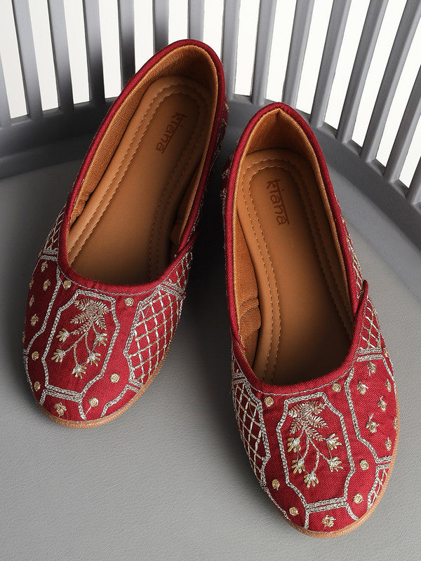 Women's Embroidered Maroon Canvas Round Toe Bellies!!