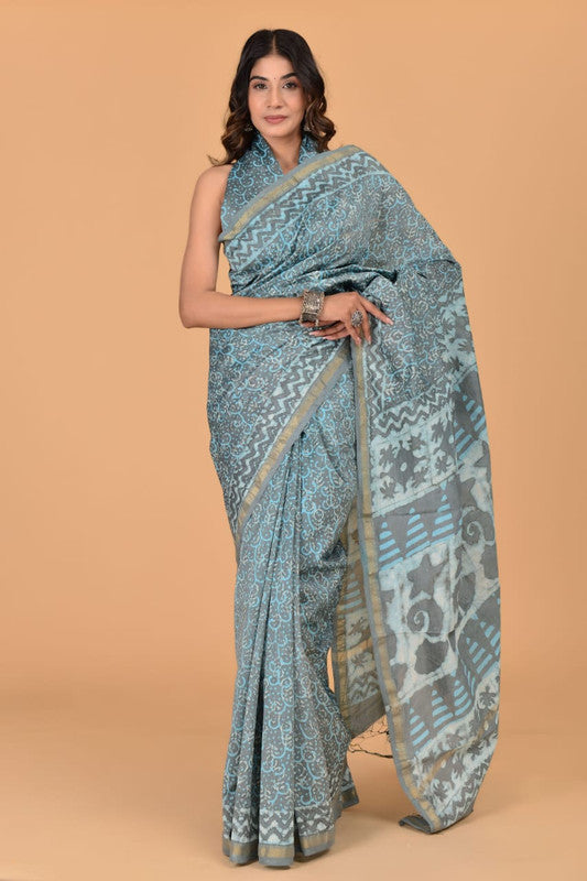 Aqua Blue & Multi Coloured Hand Block Printed Women Designer Party wear Chanderi Cotton Silk Saree with Runnin Blouse!!