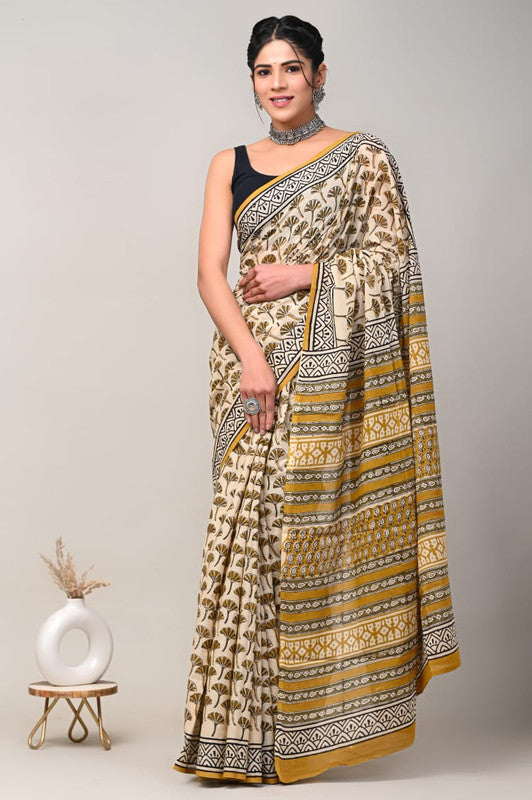 Cream & Multi Coloured Beautiful Hand Block printed Women Daily/Party wear Pure Cotton Saree with Blouse!!