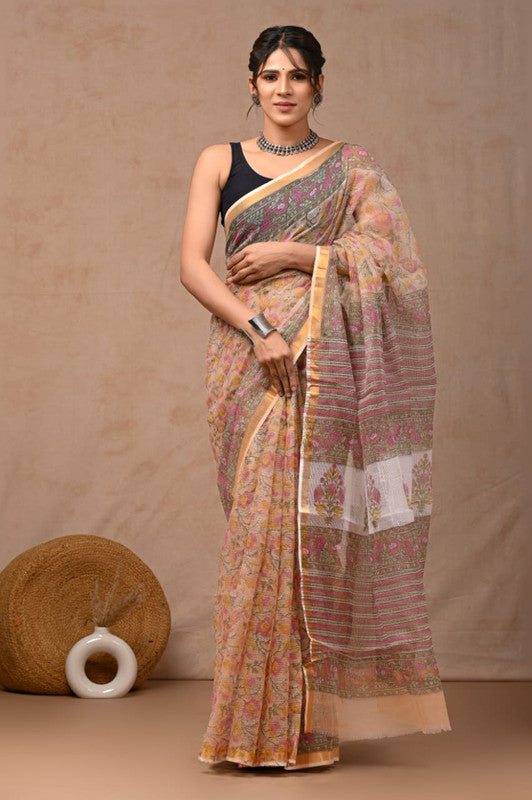 Orange & Multi Coloured Hand Block Printed Women Designer Party wear Kota Doria Cotton Saree with Runnin Blouse!!