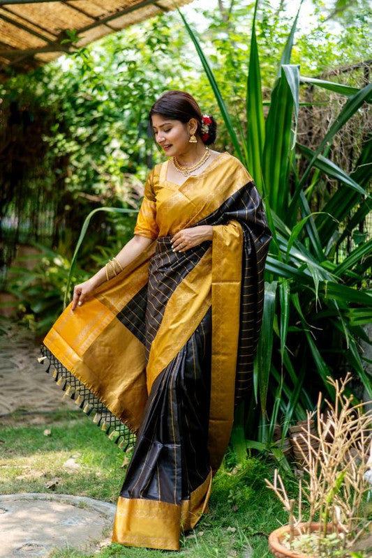 Black & Gold Coloured Exclusive Soft Raw Silk with Contrast Temple woven Border Women Party wear Soft Raw Silk Saree with Blouse!!