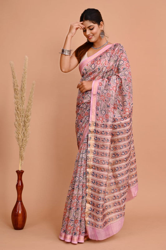 Pink & Multi Coloured Hand Block Printed Women Designer Party wear Maheshwari Cotton Silk Saree with Runnin Blouse!!