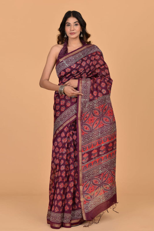 Maroon & Multi Coloured Hand Block Printed Women Designer Party wear Chanderi Cotton Silk Saree with Runnin Blouse!!