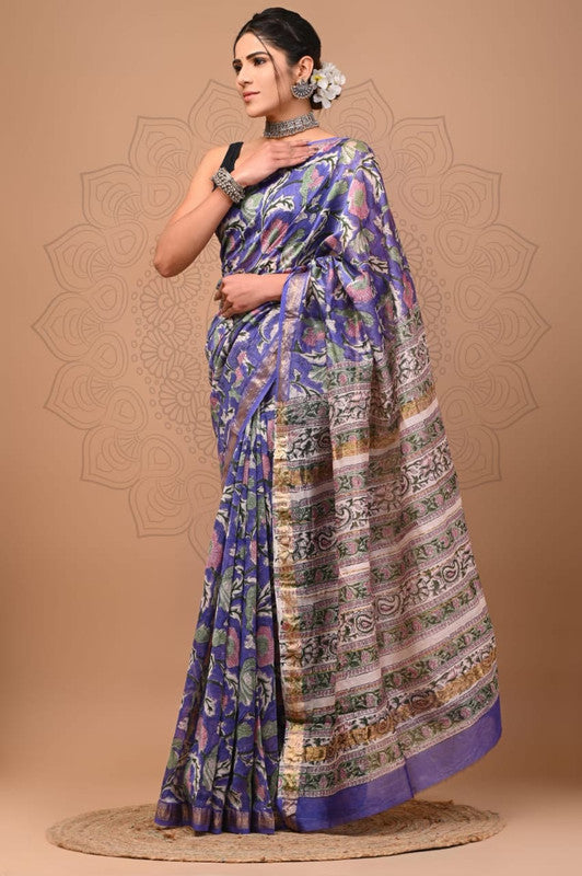 Blue & Multi Coloured Hand Block Printed Women Designer Party wear Maheshwari Cotton Silk Saree with Runnin Blouse!!