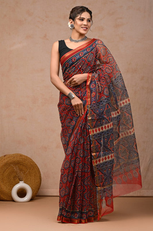 Red & Multi Coloured Hand Block Printed Women Designer Party wear Kota Doria Cotton Saree with Runnin Blouse!!