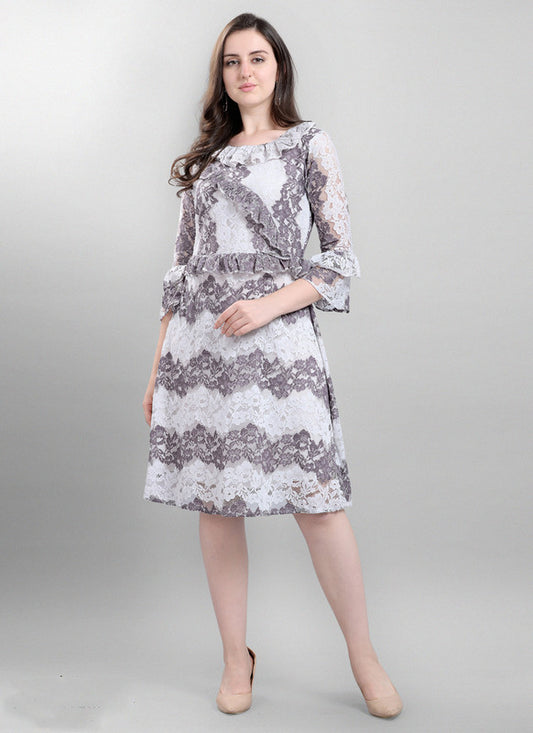 Grey & White Coloured Premium Poly Silk Russel Net 3/4 Sleeves Round Neck Women Party wear Western Dress!!