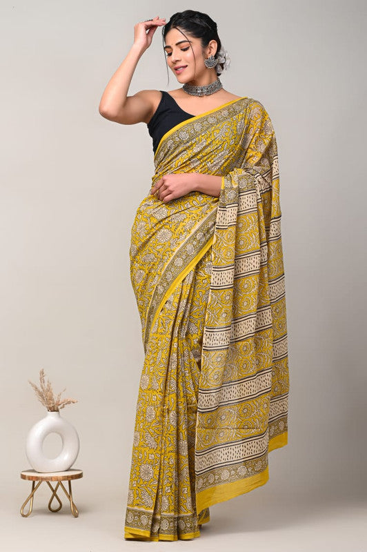 Light Yellow & Multi Coloured Beautiful Hand Block printed Women Daily/Party wear Pure Cotton Saree with Blouse!!