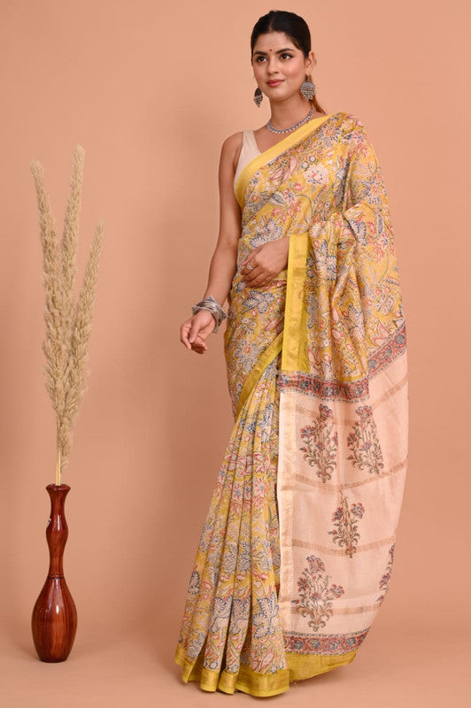 Yellow & Multi Coloured Hand Block Printed Women Designer Party wear Maheshwari Cotton Silk Saree with Runnin Blouse!!