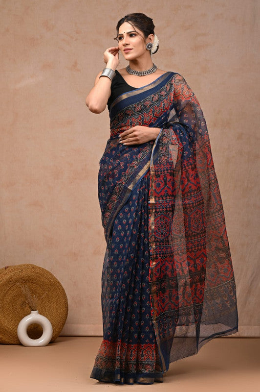 Navy Blue & Multi Coloured Hand Block Printed Women Designer Party wear Kota Doria Cotton Saree with Runnin Blouse!!