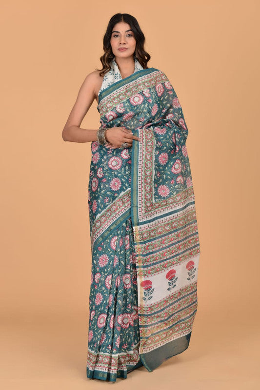 Green & Multi Coloured Hand Block Printed Women Designer Party wear Chanderi Cotton Silk Saree with Runnin Blouse!!