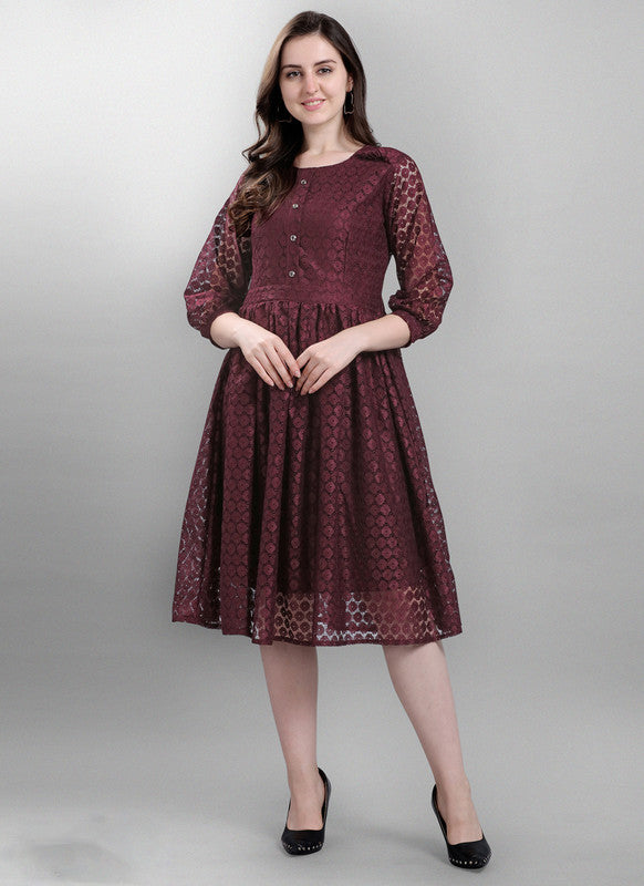 Maroon Coloured Premium Poly Silk Russel Net 3/4 Sleeves Round Neck Women Party wear Western Dress!!