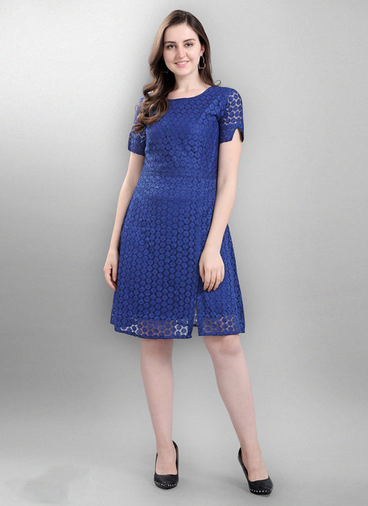 Blue Coloured Premium Poly Silk Russel Net Short Sleeves Round Neck Women Party wear Western Dress!!