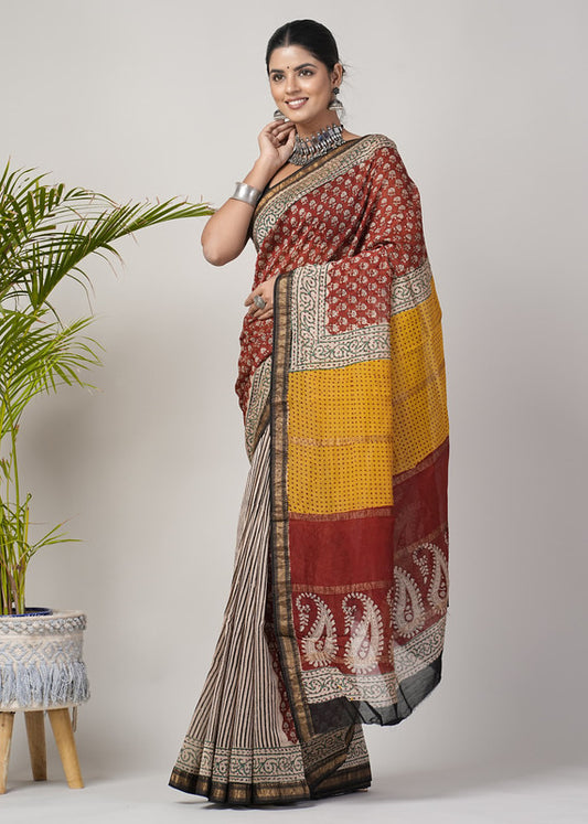 Brick Red & Multi Coloured Hand Block Printed Women Designer Party wear Maheshwari Cotton Silk Saree with Runnin Blouse!!