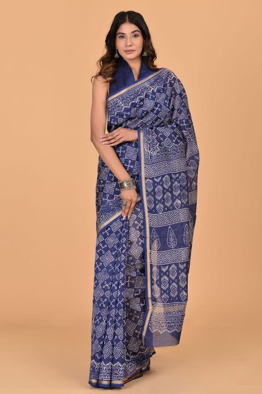 Blue & Off White Coloured Hand Block Printed Women Designer Party wear Chanderi Cotton Silk Saree with Runnin Blouse!!