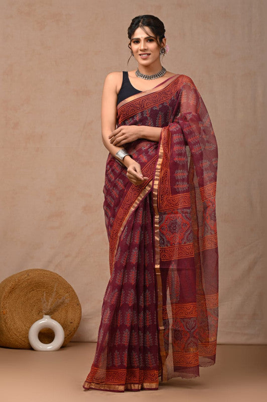 Maroon & Red Coloured Hand Block Printed Women Designer Party wear Kota Doria Cotton Saree with Runnin Blouse!!