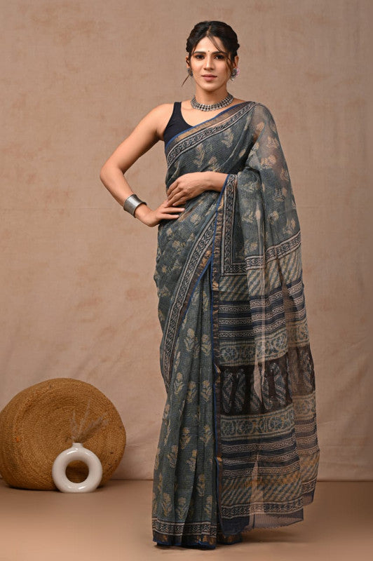 Grey & Multi Coloured Hand Block Printed Women Designer Party wear Kota Doria Cotton Saree with Runnin Blouse!!