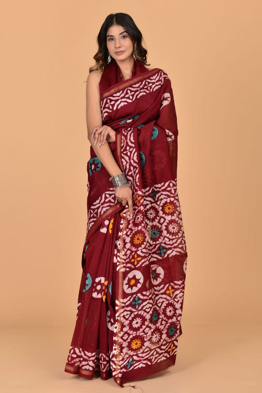 Maroon & Multi Coloured Hand Block Printed Women Designer Party wear Chanderi Cotton Silk Saree with Runnin Blouse!!