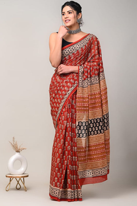 Red & Multi Coloured Beautiful Hand Block printed Women Daily/Party wear Pure Cotton Saree with Blouse!!