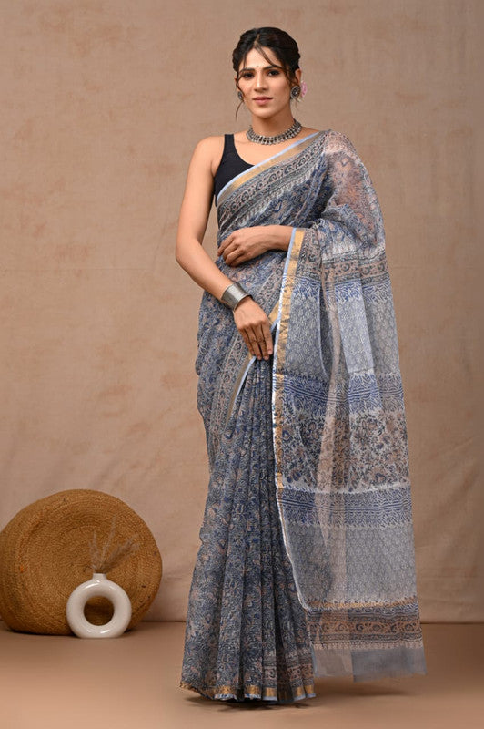 Sky Blue & Multi Coloured Hand Block Printed Women Designer Party wear Kota Doria Cotton Saree with Runnin Blouse!!