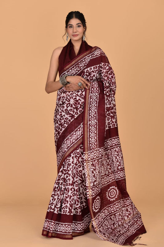 Maroon & White Coloured Hand Block Printed Women Designer Party wear Chanderi Cotton Silk Saree with Runnin Blouse!!