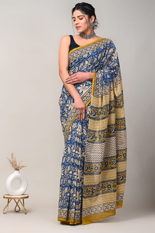 Blue & Multi Coloured Beautiful Hand Block printed Women Daily/Party wear Pure Cotton Saree with Blouse!!