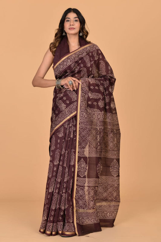 Brown & Off White Coloured Hand Block Printed Women Designer Party wear Chanderi Cotton Silk Saree with Runnin Blouse!!