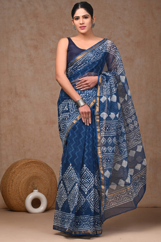 Blue & White Coloured Hand Block Printed Women Designer Party wear Kota Doria Cotton Saree with Runnin Blouse!!