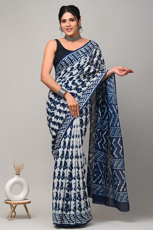 Blue & White Coloured Beautiful Hand Block printed Women Daily/Party wear Pure Cotton Saree with Blouse!!