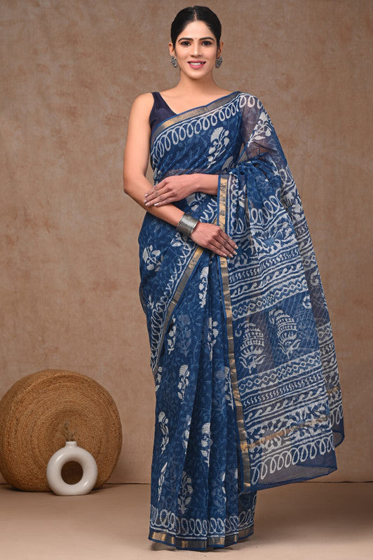 Blue & White Coloured Hand Block Printed Women Designer Party wear Kota Doria Cotton Saree with Runnin Blouse!!