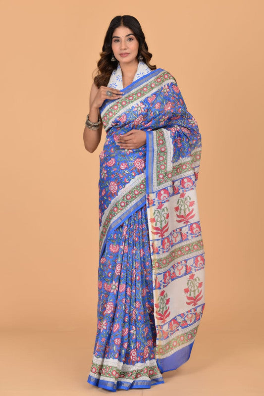 Blue & Multi Coloured Hand Block Printed Women Designer Party wear Chanderi Cotton Silk Saree with Runnin Blouse!!