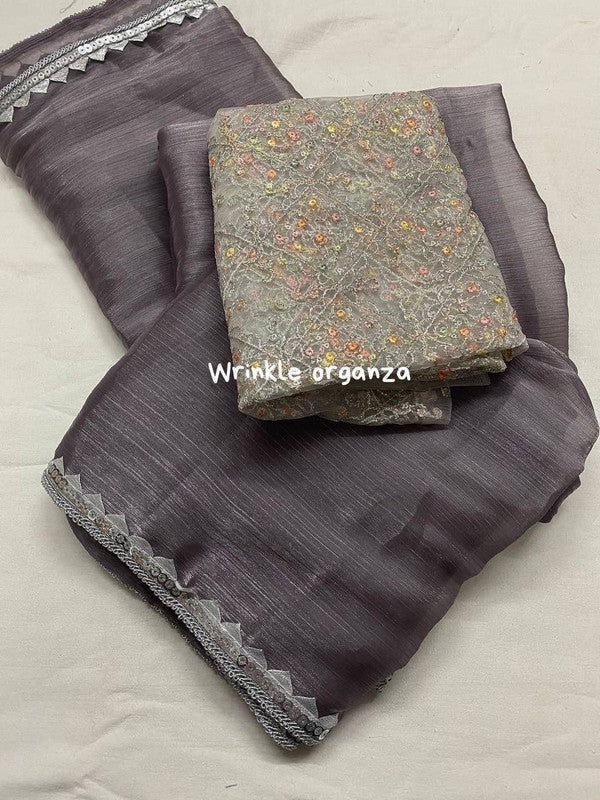Dark Grey Coloured soft organza with woven wrinkle (crush style) Women Designer Party wear Fancy Saree with Soft Net Blouse!!