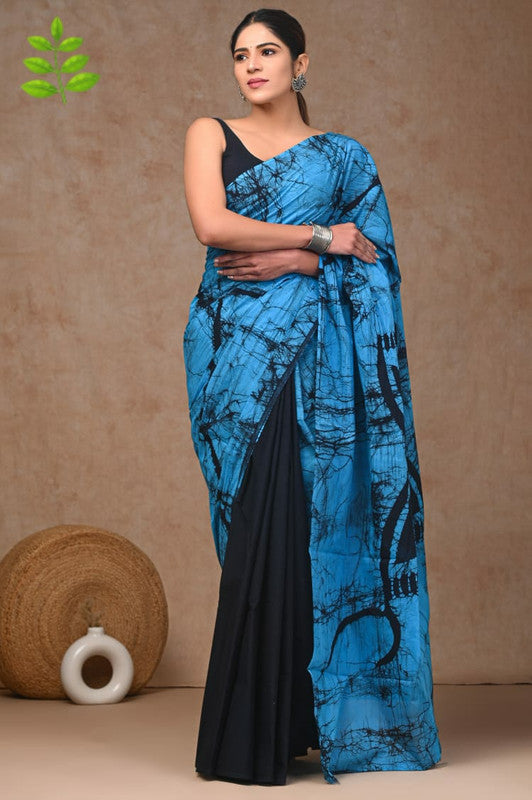 Blue & Black Coloured Pure Cotton Beautiful Hand Block printed Women Daily/Party wear Saree with Blouse!!