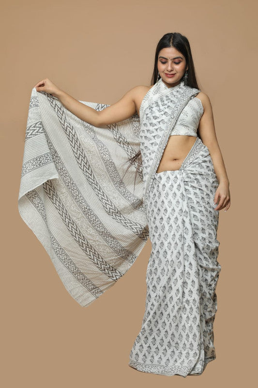 HAND BLOCK  PRINTED COTTON SAREE WITH BLOUSE!!