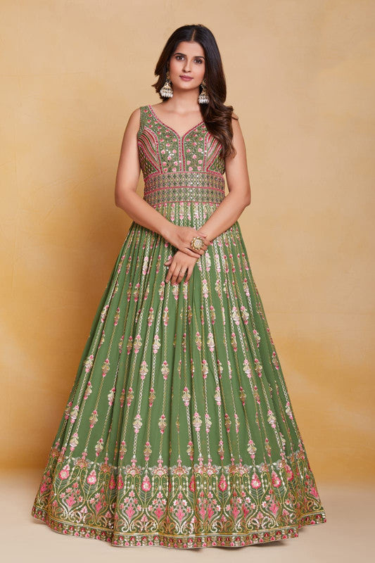 Green Coloured Georgette with Sequence Thread Mirror Work Woman Designer Party wear Lehenga Choli with Dupatta!!