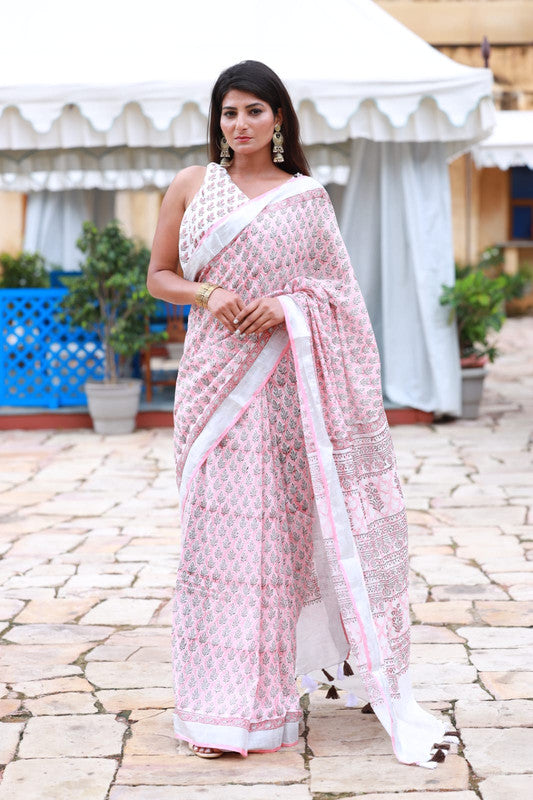 BEAUTIFUL LINEN HAND BLOCK PRINT SAREE