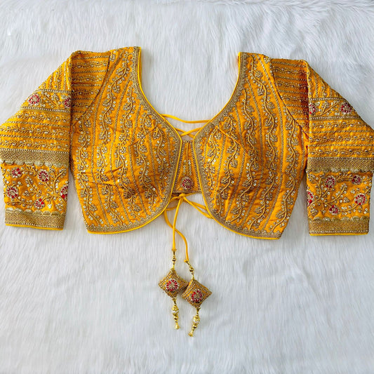 Mustard Yellow Coloured Heavy Milan Silk Long Sleeves Heavy Embroidery Bridal Work Woman Ready made Designer Blouse!!