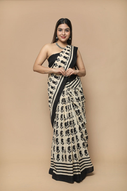 Black & Beige Coloured Beautiful Hand Block printed Women Daily/Party wear Pure Mul Cotton Saree with Blouse!!