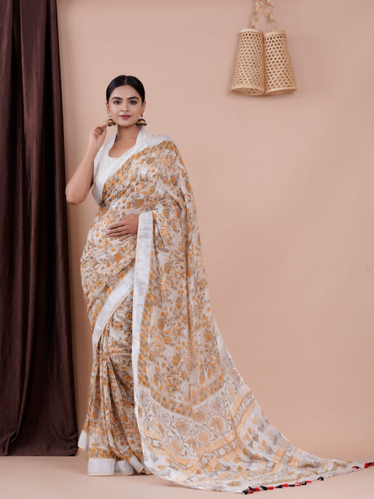 BEAUTIFUL LINEN HAND BLOCK PRINT SAREE