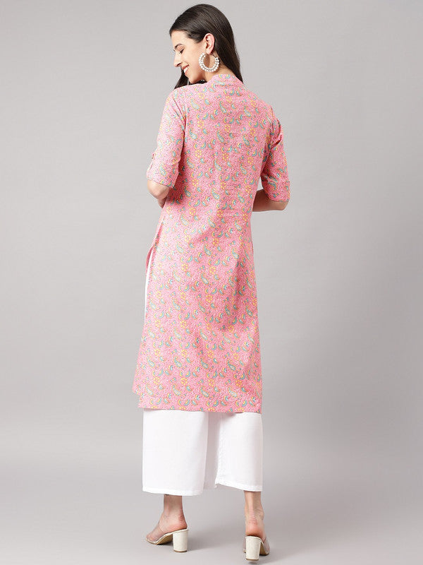 Pink & Multi Coloured Pure Cotton Floral Printed Mandarin Collar Thread Work Straight Shape Short roll-up sleeves Women Designer Party/Daily wear Kurti!!