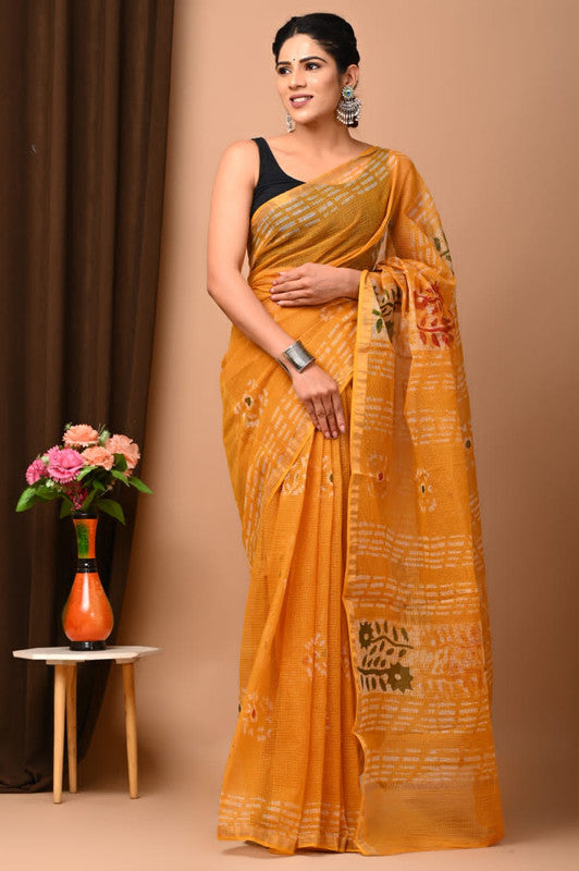 Mustard Yellow & Black Coloured Beautiful Hand Block printed Women Daily/Party wear Kota Doriya Cotton Saree with Blouse!!