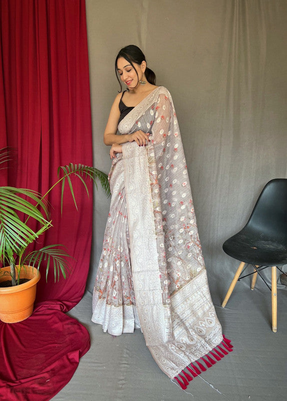 Off White Coloured Pure Cotton Linen Saree with Orignal Chikankari Lucknowi work with rich Embrodieeded pallu  with Blouse!!