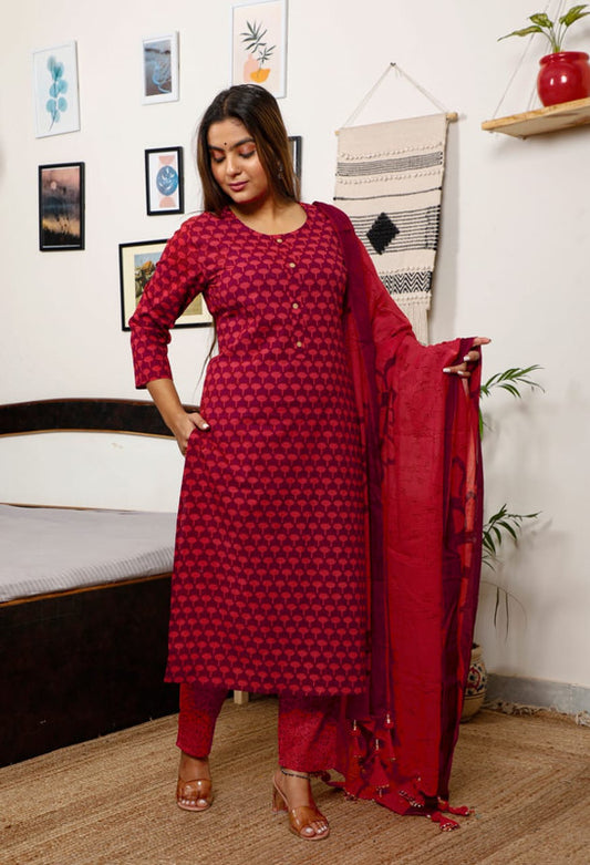 Maroon & Red Coloured Pure Cotton with Print & Taussal Work Women Designer Party wear Kurti with Salwar & Dupatta!!