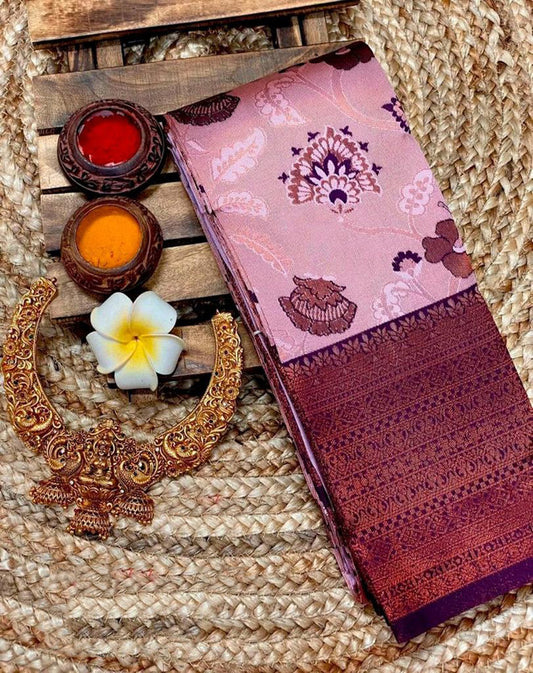 Light Pink & Purple Coloured Pure Copper Triple Weaving Zari & Meena work Women Party wear Tissue Kanchi Silk Saree with Blouse!!