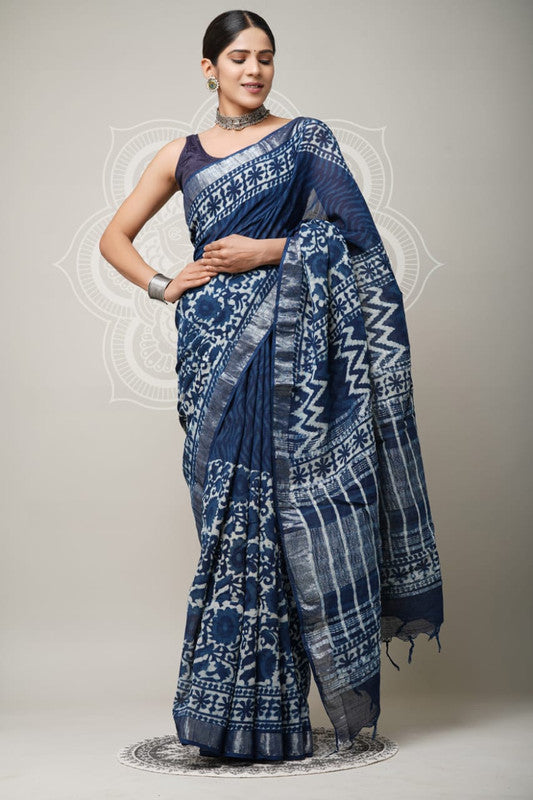 Blue & Multi Coloured Linen Cotton Beautiful Hand Block printed Women Daily/Party wear Saree with Blouse!!