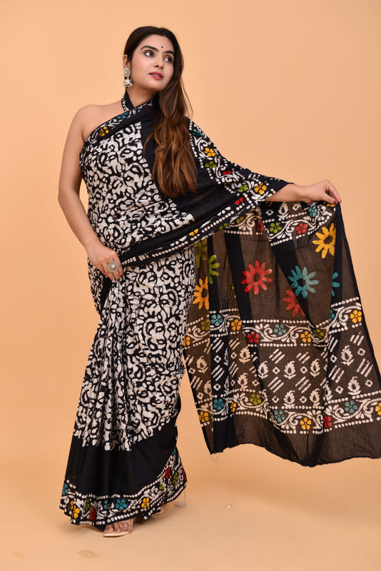 Black & Multi Coloured Pure Cotton with Beautiful Hand Block Printed Women Party/Daily wear Designer Cotton Saree with Blouse!!