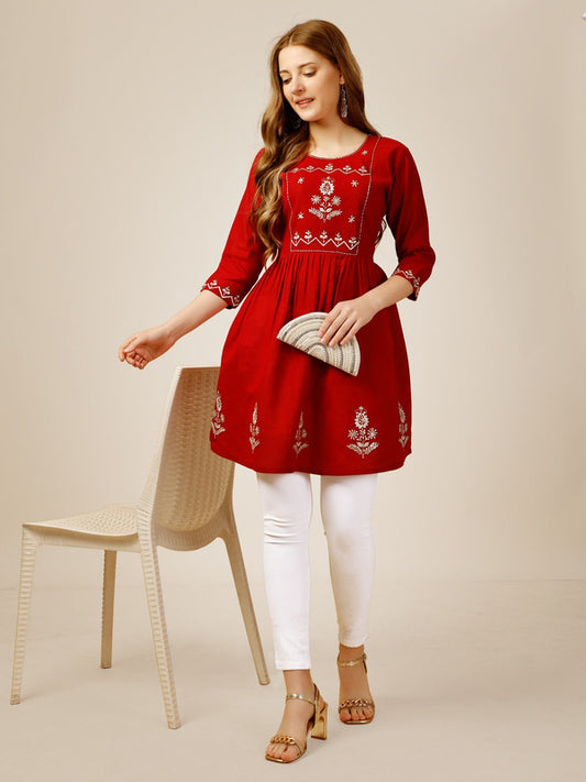 Red Coloured Premium Rayon with Embroidery & Sequence Work Round Neck 3/4 Sleeves work Women Party/Daily wear Western Top!!