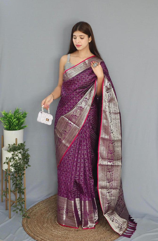 Purple & Red Coloured Beautiful Shiny Checks with Rich Pallu and attractive Border Women Designer Party wear Soft Silk Saree with Blouse!!