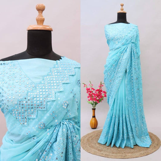 Sky Blue Coloured Georgette Silk with Lucknowi Thread Chikankari & Sequence work Women Designer Party wear Fancy Georgette Silk Saree with Blouse!!
