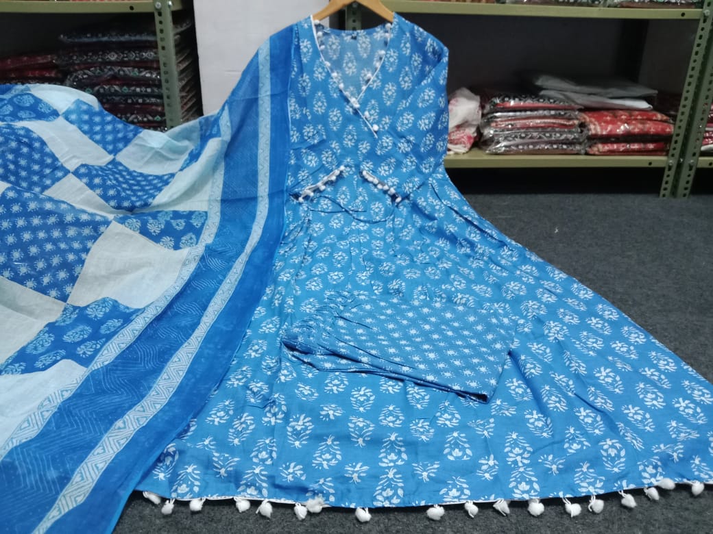 Blue Floral Pompom Suit with Beautiful Print Long Anarkali Kurti Pant with  Dupatta!!